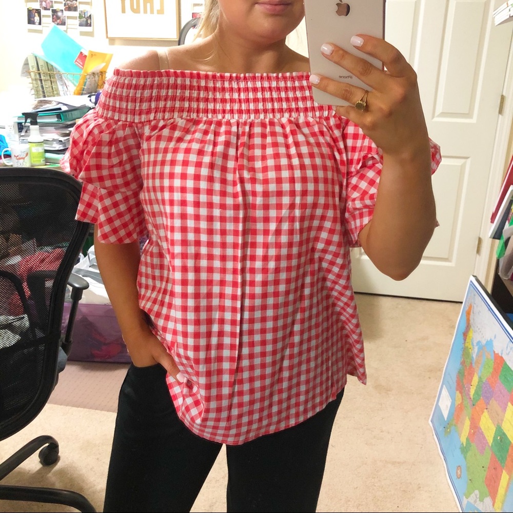 NWT She + Sky Red Gingham Off Shoulder Ruffle Top